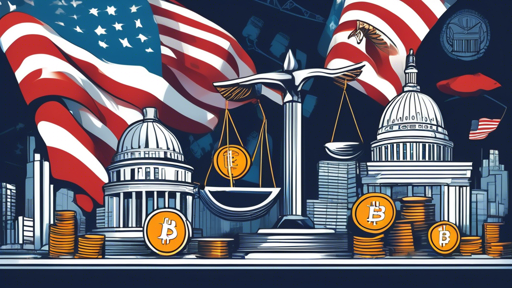 Create an informative and visually engaging illustration that depicts the regulatory landscape for crypto futures trading in the US. The image should feature key regulatory bodies like the CFTC and SEC, represented by their logos or iconic symbols, with a backdrop of the American flag. Include visual elements like a balance scale representing fairness and regulation, and abstract representations of compliance documents or checklists. The overall tone should convey a sense of security and guidance in the often complex world of crypto futures trading, highlighting the importance of regulations for traders and investors alike.