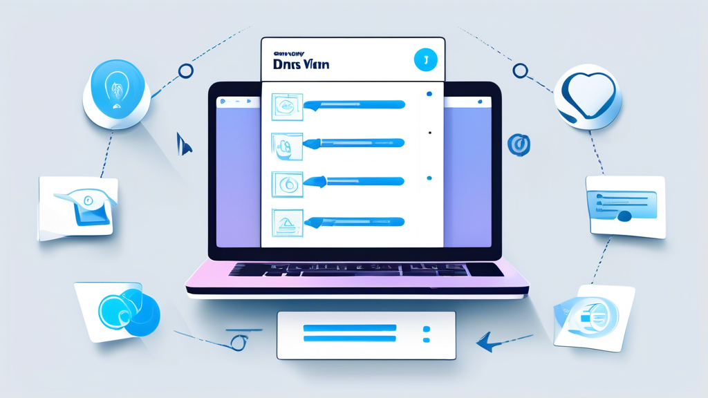 Create an image depicting a step-by-step guide to downloading a Smart DNS VPN. The composition should include various devices such as a Windows laptop, macOS computer, Android phone, and iOS tablet, all displaying download interfaces for a Smart DNS VPN. Incorporate visual elements like arrows and checklists to illustrate the downloading and installation process. In the background, subtly feature icons representing online privacy and security, such as locks and shields. Make the overall design visually engaging and easy to understand, as if it were a tutorial infographic.