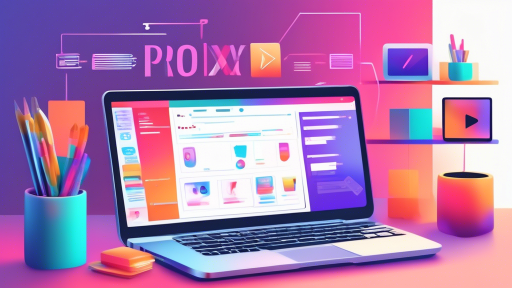 Create an image of a digital workstation, showcasing a computer screen displaying a colorful, user-friendly interface of a YouTube proxy online setup. On the side of the screen, include a checklist on a notepad or sticky notes with steps for setting up the proxy: Find a reliable service, Configure settings, Test connectivity. Surrounding the screen, depict various devices like a tablet and smartphone, each showing simplified diagrams of connecting to a proxy. The background should convey a sense of modern technology with abstract digital icons symbolizing internet connectivity and privacy.
