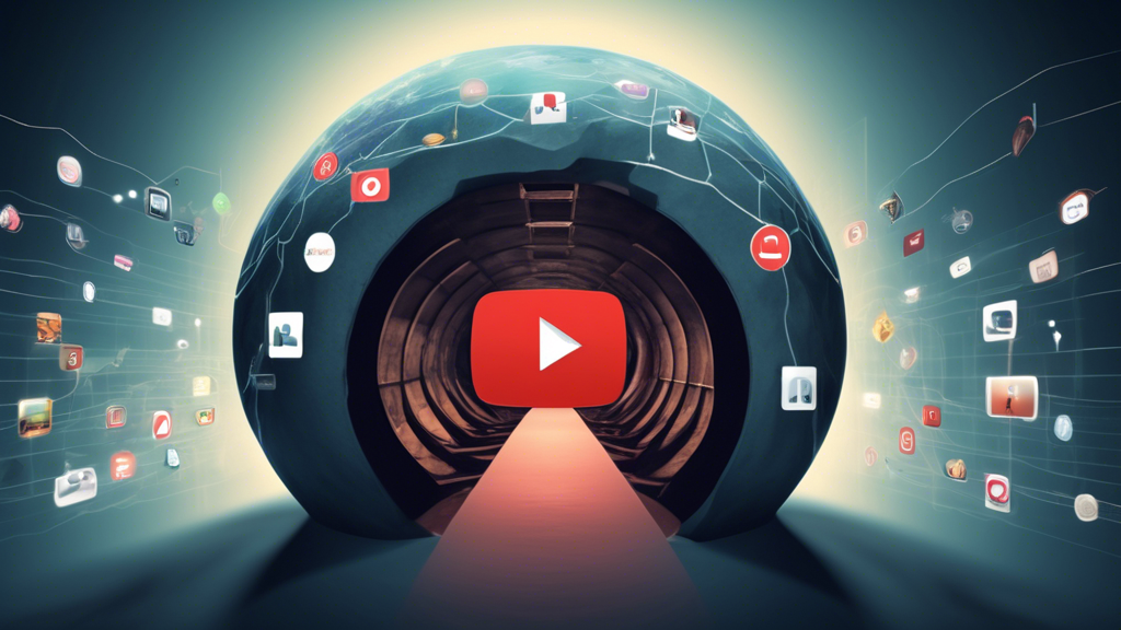 Create an image that illustrates the concept of using a YouTube proxy online for accessing restricted content. The scene should depict a digital tunnel or pathway connecting a user to a floating globe of video thumbnails representing global YouTube content. On one side, the user appears secure and private, symbolizing enhanced privacy. On the periphery, include icons or symbols suggesting improved streaming quality. Consider elements that highlight both the benefits and considerations, such as padlocks (for security) and speedometer dials (for connection speed). The overall theme should convey exploration and connection to a world of content.