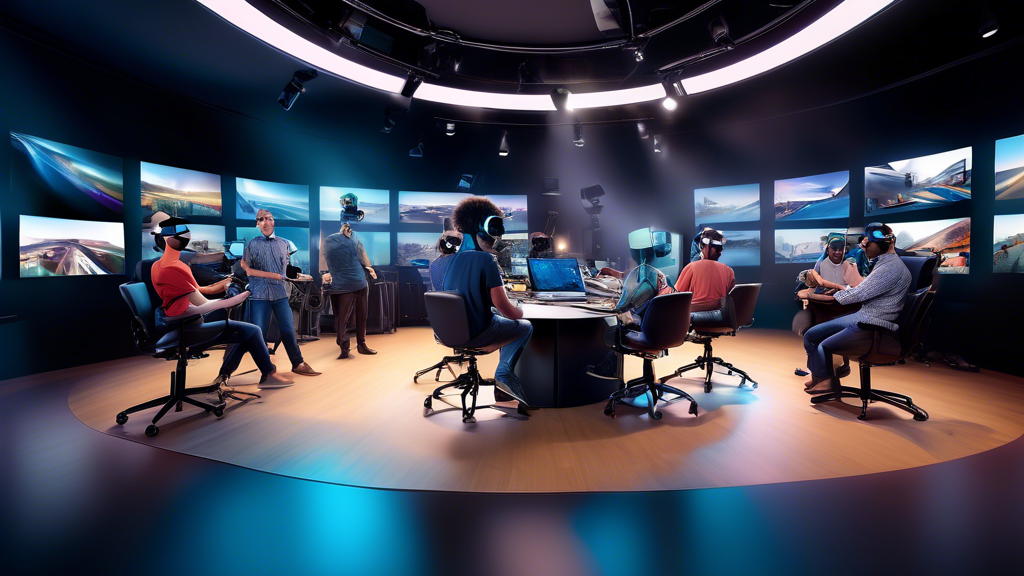 Create a vibrant and dynamic image illustrating a diverse team of professionals working in a modern 360 virtual reality production studio. The scene should focus on showcasing the technical expertise and specialized skills required for VR production, such as software proficiency with high-tech computers displaying complex VR projects, the latest VR equipment like cameras and headsets, and a collaborative workspace filled with interactive digital screens. Include subtle nods to various company specializations, depicted through imagery of gaming, entertainment, education, and training scenarios on monitors and screens. Highlight the sense of collaboration and partnership by including logos or symbols of known technology giants subtly in the background, symbolizing strategic alliances.