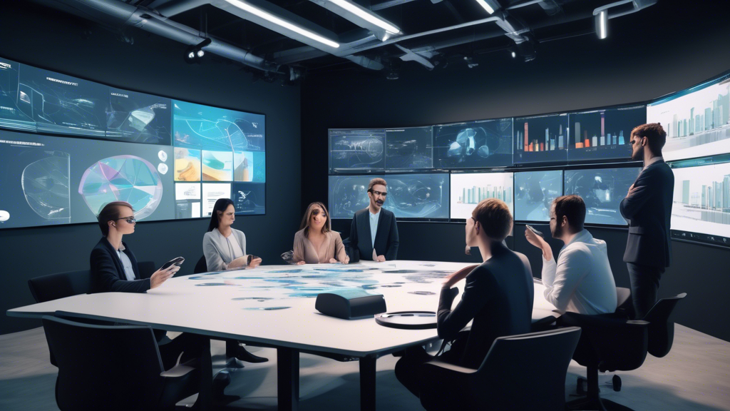 Create an image depicting a comparative analysis of a virtual reality project budget. The scene should show a diverse group of professionals in a modern meeting room, engaged in examining charts and graphs that illustrate the different pricing structures of 360 virtual reality production companies. In the background, include a large digital screen showcasing a detailed case study with visuals of a successful VR project. Scatter virtual reality headsets and other VR production equipment across the table to emphasize the industry context. The setting should convey a balance of cost evaluation and potential for long-term ROI, capturing the essence of making a smart investment in a VR project.