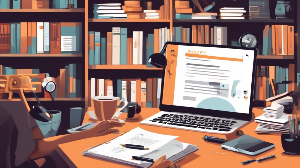 Create an image of a person sitting at a desk in front of a computer with an open browser displaying a privacy policy template. On the desk, there are various tools like a magnifying glass, a notepad, and a cup of coffee, symbolizing the meticulous process of crafting a privacy policy. In the background, bookshelves filled with resources on data protection and compliance laws like GDPR and CCPA provide insight into the comprehensive nature of the task. The atmosphere is focused and professional, emphasizing the detailed and methodical steps involved in creating the best privacy policy for a website.