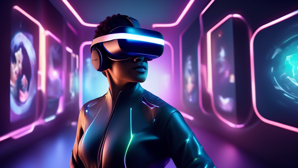 Create an image that showcases a futuristic, sleek virtual reality environment where a user is exploring adult VR experiences using the Oculus Quest headset. The scene should have a selection of floating, holographic app icons and interactive elements surrounding the user, highlighting the variety of available adult VR content. Incorporate subtle visual hints of privacy and safety features, such as digital locks or shields, to emphasize considerations when exploring adult content. The setting should feel innovative and discreet, reflecting the advanced nature of Oculus Quest technology in the adult VR industry.