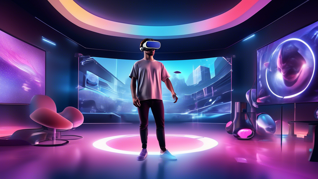 Create an image illustrating the future of adult virtual reality with Oculus Quest. The scene should depict a futuristic, sleek-looking VR headset prominently labeled as Oculus Quest surrounded by holographic visualizations of various innovative adult VR experiences. The background should feature a high-tech environment showcasing data streams and digital interfaces symbolizing advanced technology. Include subtle icons representing ethical considerations, such as privacy locks and community guidelines, to hint at the societal implications. Emphasize a balance between innovation and responsibility in this intriguing future landscape of adult VR.