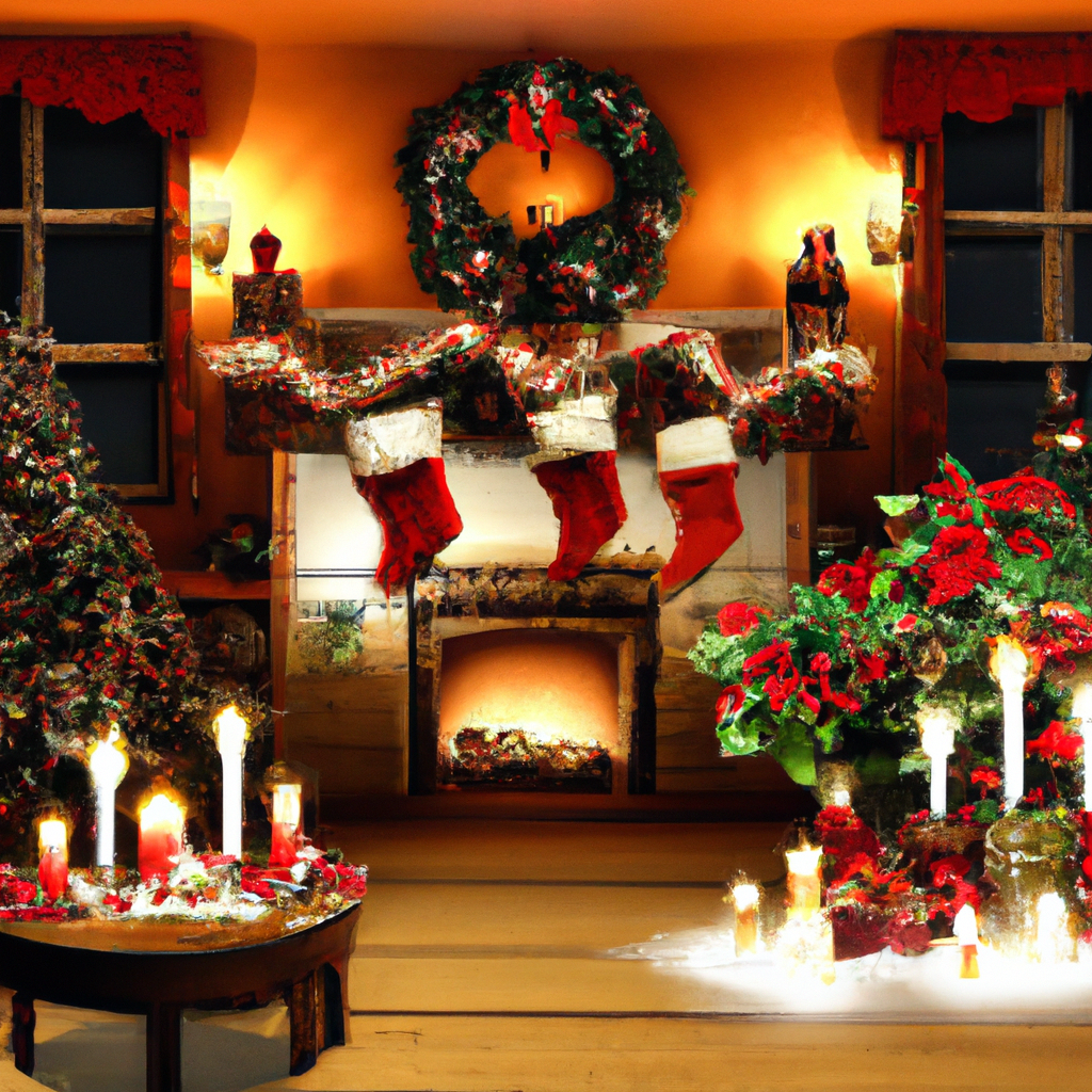 Create an image that showcases a cozy, festive living room adorned with creatively displayed Christmas Eve candles. The room features a beautifully arranged candle centerpiece on a rustic wooden dining table, flickering with warmth and light. A fireplace mantel is elegantly decorated with a mix of pillar candles and fairy lights, casting a soft glow. Outside the window, snow gently falls, and lanterns with candles are placed on the porch, enhancing the magical, welcoming atmosphere. DIY-decorated candle holders add a personal touch, with winter motifs etched onto glass, highlighting the spirit of the season. The overall ambiance is inviting and enchanting, evoking the anticipation of a joyous Christmas celebration.