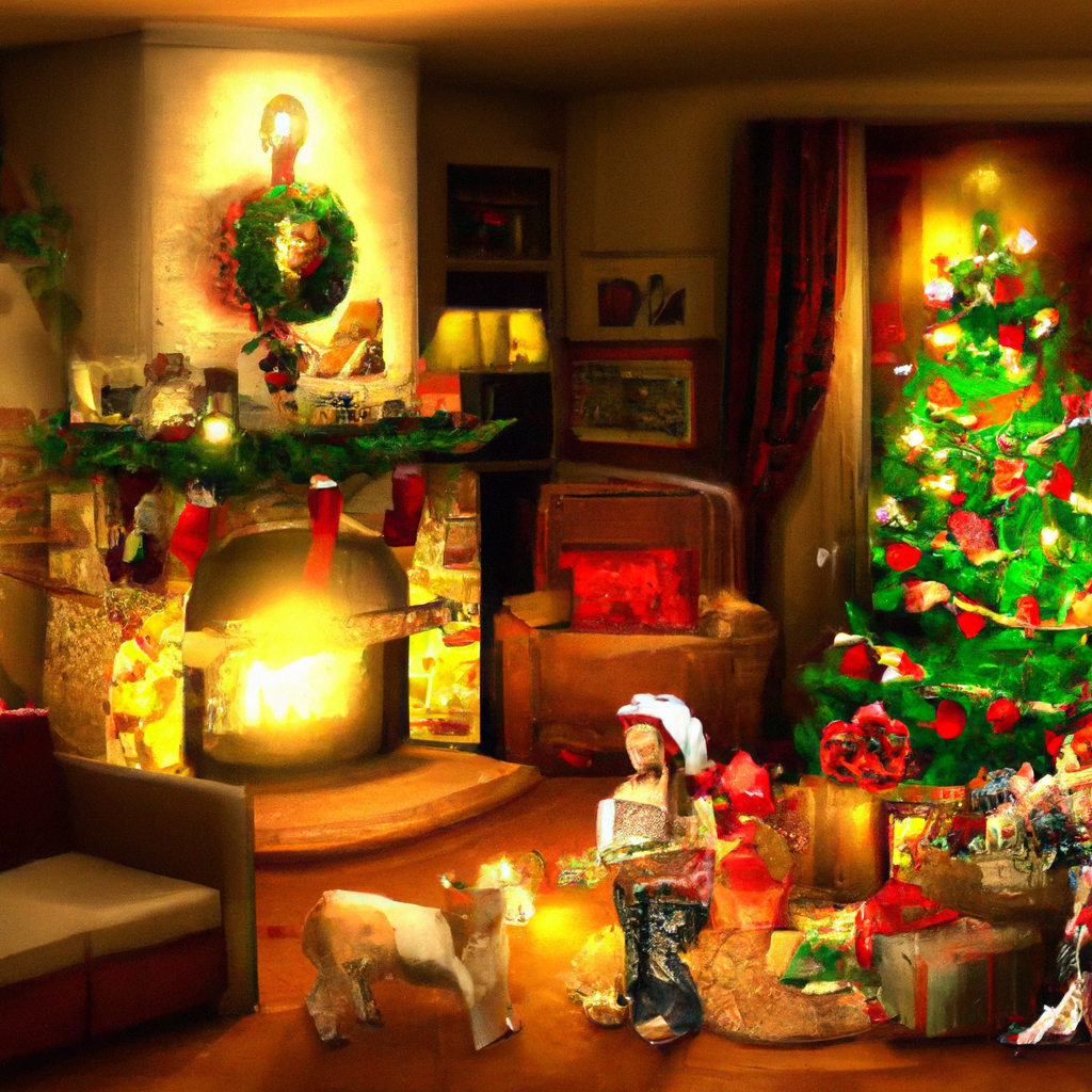 Create an image of a cozy living room illuminated by the warm glow of Christmas Eve candles, showcasing a blend of cultural holiday traditions. The scene features a family gathered around a beautifully set table for a candlelit dinner, while children listen intently to a grandparent