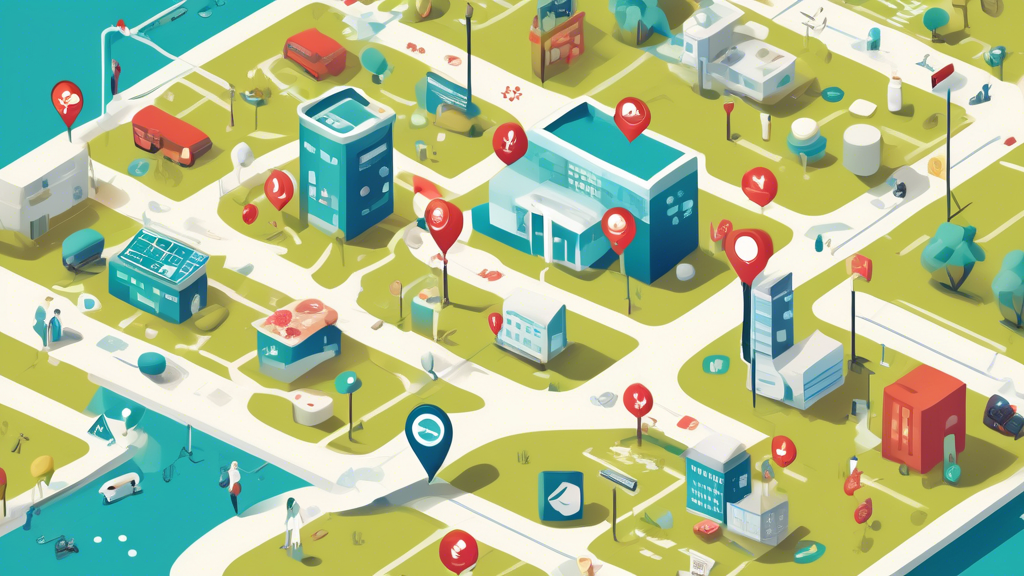 Create an image depicting a map littered with icons of medical facilities, each marked with an open sign and a label indicating DOT Physicals Available on Saturdays. The map should show a diverse range of locations, from bustling urban centers to quieter suburban areas. Include digital elements like a smartphone or tablet showing a search with pinned locations, emphasizing the ease of using technology to find these facilities. The overall feel should convey convenience and accessibility for commercial drivers seeking weekend appointments.