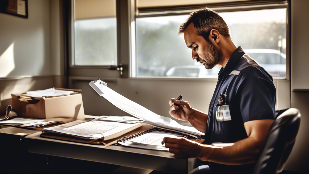 Create an image depicting a busy commercial driver preparing for a DOT physical on a Saturday. The scene shows the driver organizing a checklist of necessary documents, such as medical history forms and identification, in a waiting room at a clinic. The atmosphere conveys the weekend morning with sunlight streaming through the windows, indicating a stress-free environment. Include visual elements like a calendar on the wall marked with the appointment day, a clock showing morning hours, and signage indicating the availability of DOT physicals on Saturdays. The image aims to capture the essence of preparation and a smooth, efficient appointment experience.