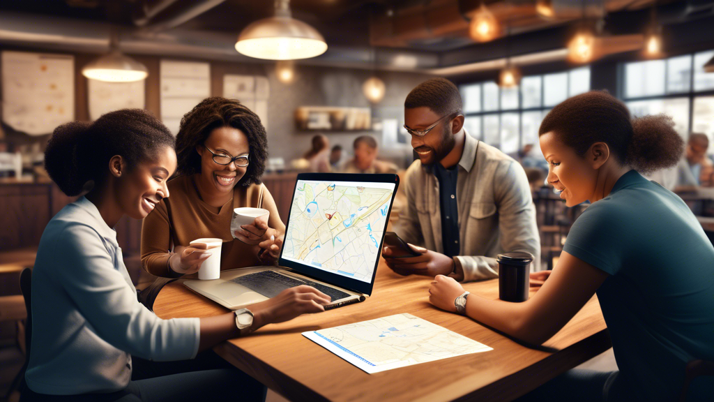 Create an image showing a diverse group of people using laptops and smartphones, clearly engaged in finding FMCSA DOT physical locations. Display a realistic digital interface on their screens featuring a map with marked locations, a search bar, and a list of certified medical examiners. The background should depict a cozy coffee shop setting, suggesting ease and convenience in the process. Include subtle text elements like Find a Location and Certified Medical Examiners to emphasize the task.