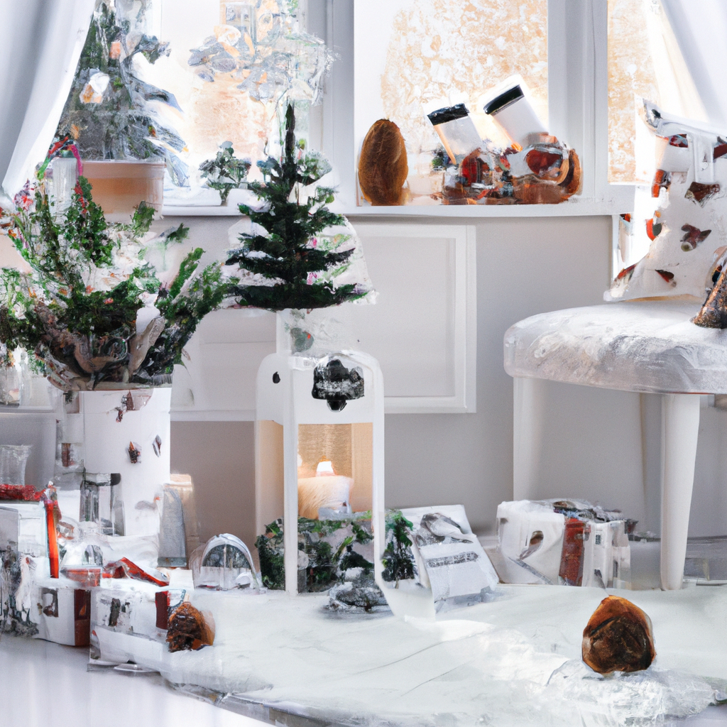 Create an image of a cozy, festive living room setting, beautifully decorated for the holidays. Include a glowing Diptyque Christmas Candle 2022 prominently placed on a mantelpiece or coffee table, its light casting a warm, inviting glow. Around it, arrange elegant holiday decor such as garlands, ornaments, and a beautifully wrapped gift, suggesting the candle as the centerpiece of holiday traditions. The room should exude a sense of warmth and celebration, capturing the essence of incorporating the Diptyque Christmas Candle into festive traditions and gatherings with family and friends.