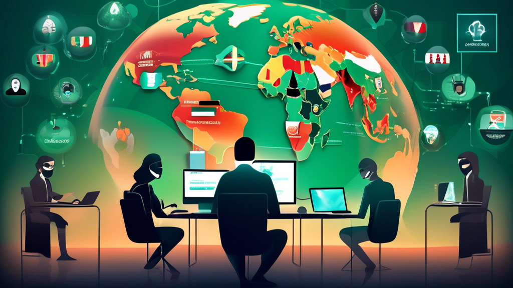 An artistic representation of the key features of Kaspersky VPN, showcasing the themes of online anonymity and privacy while surfing the internet. Illustrate a digital landscape where users appear as shadowy figures behind a protective shield. Include visual elements that symbolize bypassing geo-restrictions, such as globes and different country flags, as well as icons representing security features like malware protection and secured public Wi-Fi connections. Use a modern, high-tech aesthetic with vibrant colors to convey a sense of safety and advanced technology.
