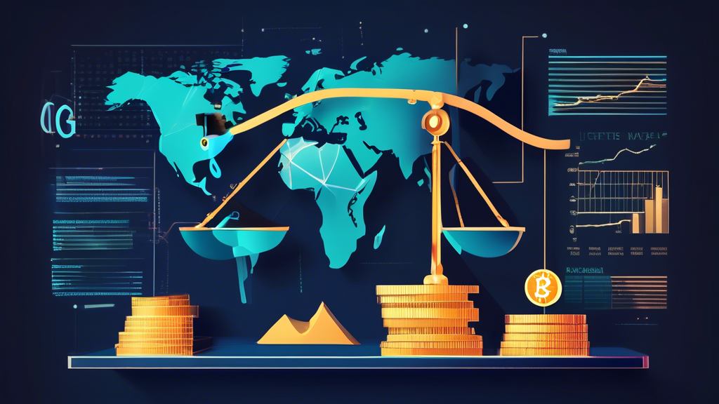 Create an image depicting a digital scale with one side holding stock market elements such as graphs, stock certificates, and financial news articles, and the other side carrying cryptocurrency symbols like Bitcoin, Ethereum, and digital transactional charts. Above the scale, illustrate the influence of global factors like a silhouette of a world map, icons representing regulatory decisions such as gavels, and media elements like broadcasting satellites, all interconnected with lines to symbolize their impact. The background should be a blend of financial district architecture and futuristic digital aesthetics to represent the connection between traditional and modern financial systems.