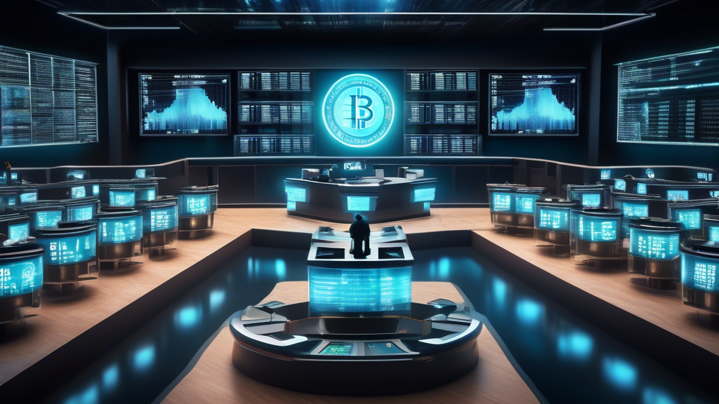 Create an image that depicts a futuristic stock exchange floor where traditional stock tickers and digital cryptocurrency symbols coexist. The scene should convey a sense of synergy between the two financial worlds, with brokers and traders interacting with holographic screens displaying market trends and potential investment strategies. Incorporate a sleek, modern aesthetic with elements of advanced technology to illustrate the evolution and interconnection of the traditional stock market and the crypto universe. Include abstract representations of economic scenarios and expert opinions swirling like data streams in the background, hinting at future predictions and trends.