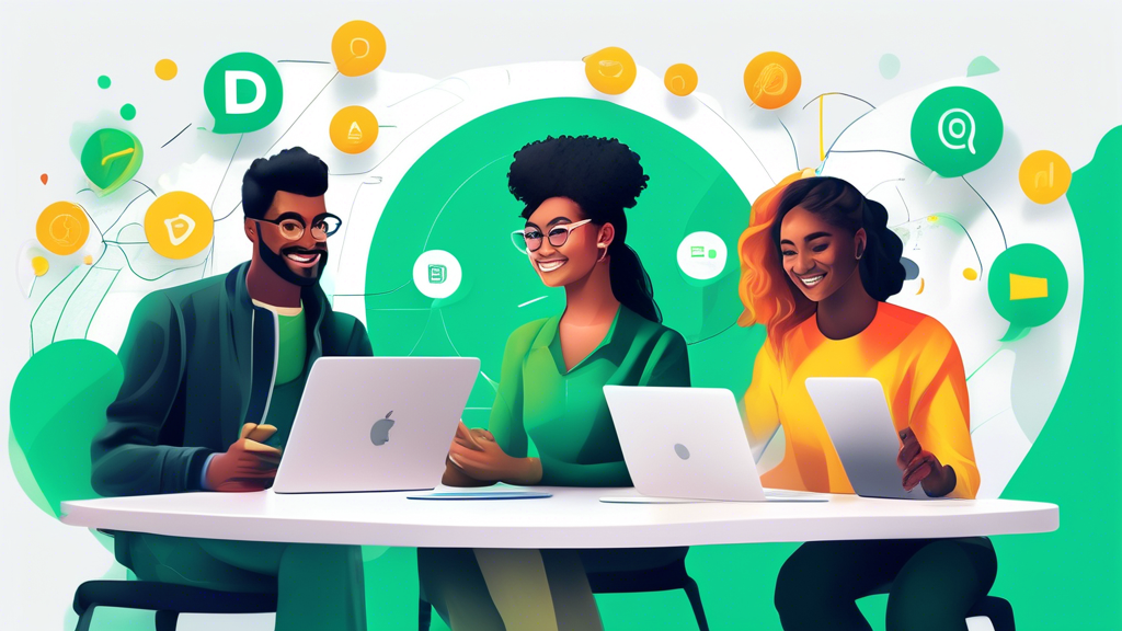 Create an image depicting a group of diverse users from different backgrounds confidently interacting with the Uphold platform on various devices like smartphones, tablets, and laptops. The setting is a vibrant, modern workspace with subtle elements indicating transparency and trust, such as clear windows and open interfaces showing diverse assets and crypto exchanges. Include visual cues of positive testimonials, like speech bubbles with thumbs-up and stars floating around, showcasing users’ satisfaction and confidence in Uphold