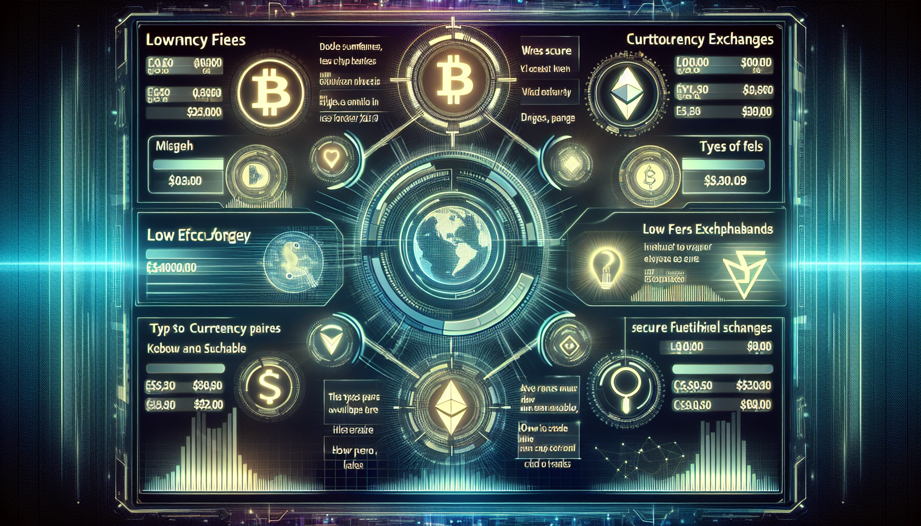 Create an image that showcases a futuristic dashboard displaying a list of top crypto exchanges known for their lowest fees in 2023. Each exchange is represented by its logo and a brief bullet-point summary of its pros and cons, including details like available currency pairs and security levels. The background should evoke a sense of advanced technology with digital grids and holographic charts. Incorporate elements that suggest comparison tools, like magnifying glasses or scales, to emphasize the process of evaluating and comparing exchange fees.