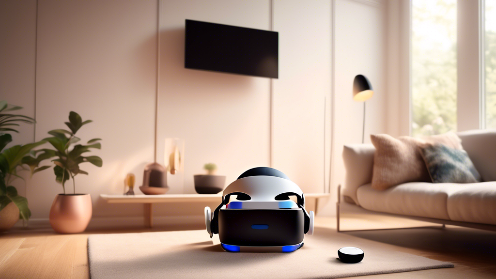 Create an image of a PSVR headset set against a backdrop of a cozy living room. The focus is on the simplicity and accessibility of the setup, with the headset prominently displayed as the centerpiece. Display subtle visual cues that suggest gaming and multimedia experiences, such as a game controller peeking from under a sofa cushion or a collection of VR game cases on a nearby shelf. Show an inviting ambiance that emphasizes the cost-effectiveness and ease of use, capturing the appeal to both new and seasoned gamers. The image should convey a sense of immersive entertainment without the clutter of additional equipment.