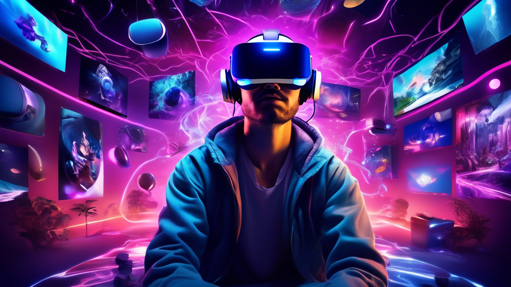 Prompt: Create an image depicting a vivid and immersive scene showcasing a user fully immersed in a PSVR headset experience. The scene should highlight a vibrant, digital world emanating from the headset, with visuals of a diverse array of compatible games and apps coming to life around the user. Include subtle visual elements representing tips for enhancing the VR experience, such as optimal lighting, clear space, and maintenance tools, subtly integrated into the scene to convey optimization techniques.”