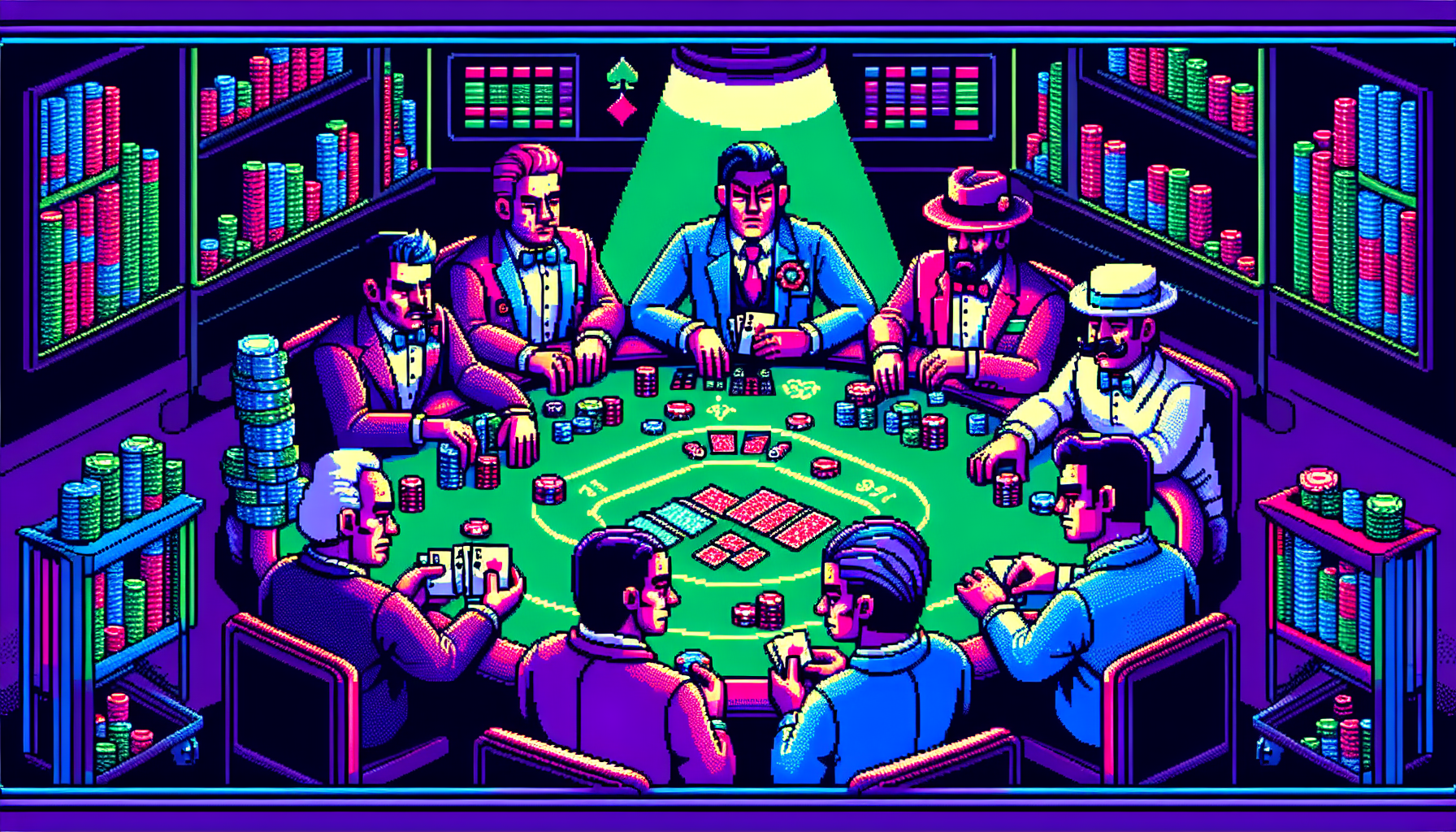 Create an image depicting a vibrant poker table setting with animated characters engaged in a lively game of Party Poker. One character adopts a tight, cautious strategy, carefully studying their cards, while another exhibits an aggressive style, confidently raising the stakes. Show a range of expressions indicating their strategic approaches. Highlight the dynamics of table position with subtle cues, and include elements that symbolize bluffing, like a character slyly glancing at their opponent. Integrate visual representations of bankroll management, such as neatly stacked chips, to emphasize strategic planning in Party Poker. The scene should blend excitement with the tactical complexity of crafting a winning poker strategy.