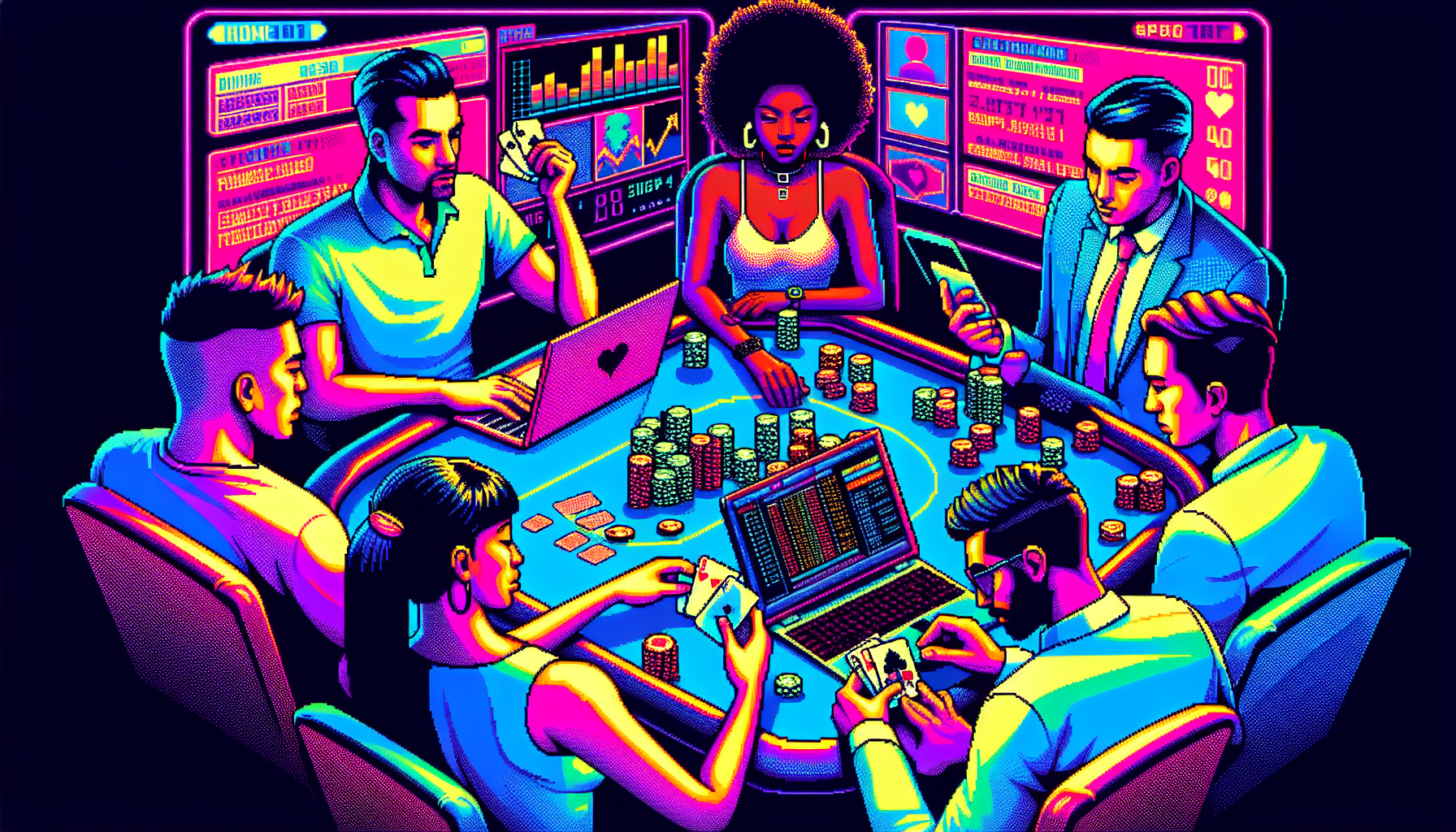 Create an image depicting an intense Party Poker tournament setting, with a diverse group of focused players deeply engaged in their strategies. The scene should capture advanced techniques in action, such as a player analyzing digital charts and statistics on a laptop nearby, while another player studies their opponents with keen observation. Include visual elements that suggest the tournament