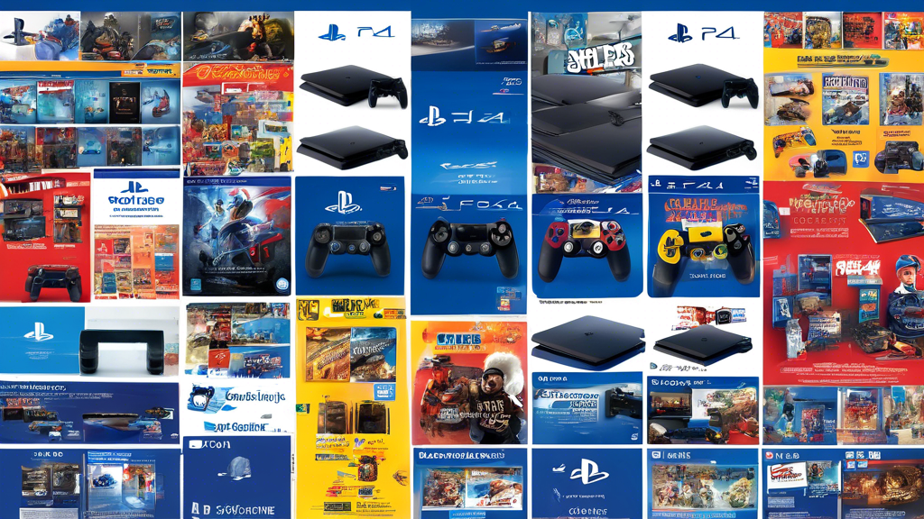 Create an image that showcases a vibrant collage comparing several popular PS4 shops. Each section of the collage should feature distinctive branding elements from different PS4 shops, along with images of their storefronts, product displays, and unique services like game rentals or trade-in programs. Include text snippets with customer reviews and testimonials creatively integrated into the design. The overall theme should convey a sense of variety and choice for gamers looking to find the best PS4 shop that meets their needs.