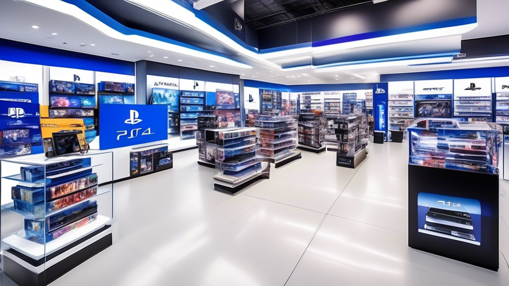 Create an image of a vibrant and bustling PS4 shop interior, showcasing a wide variety of PS4 games, consoles, and accessories on display. Include a friendly staff member assisting a customer, with visible signs highlighting discounts and deals. Feature digital screens with community reviews and tips for maximizing the shopping experience, while emphasizing return policies and warranty options in a creative way, such as visually represented on posters. The atmosphere should be inviting, colorful, and engaging, appealing to gamers of all ages.