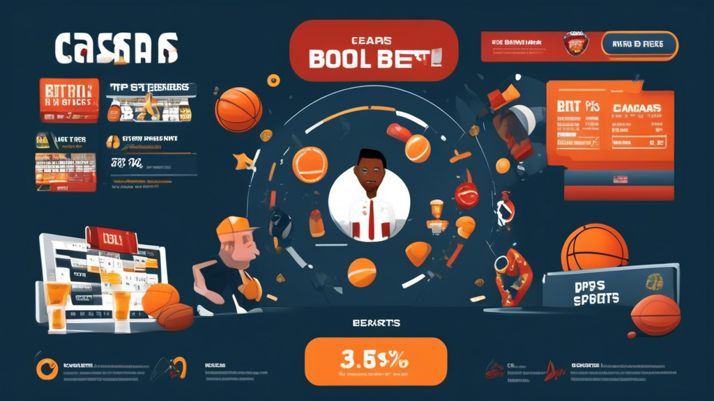 Create an image that visually represents tips and strategies for successful betting with Caesars Sports Bets. The image should include elements like a sports analysis board with player statistics and team research, promotional banners showcasing various Caesars bonuses, and a depiction of smart bankroll management, such as a piggy bank with a limit sign. Incorporate symbols of different sports, like footballs and basketballs, to reflect the diverse betting options available. The overall design should convey a sense of strategy, excitement, and responsible betting.