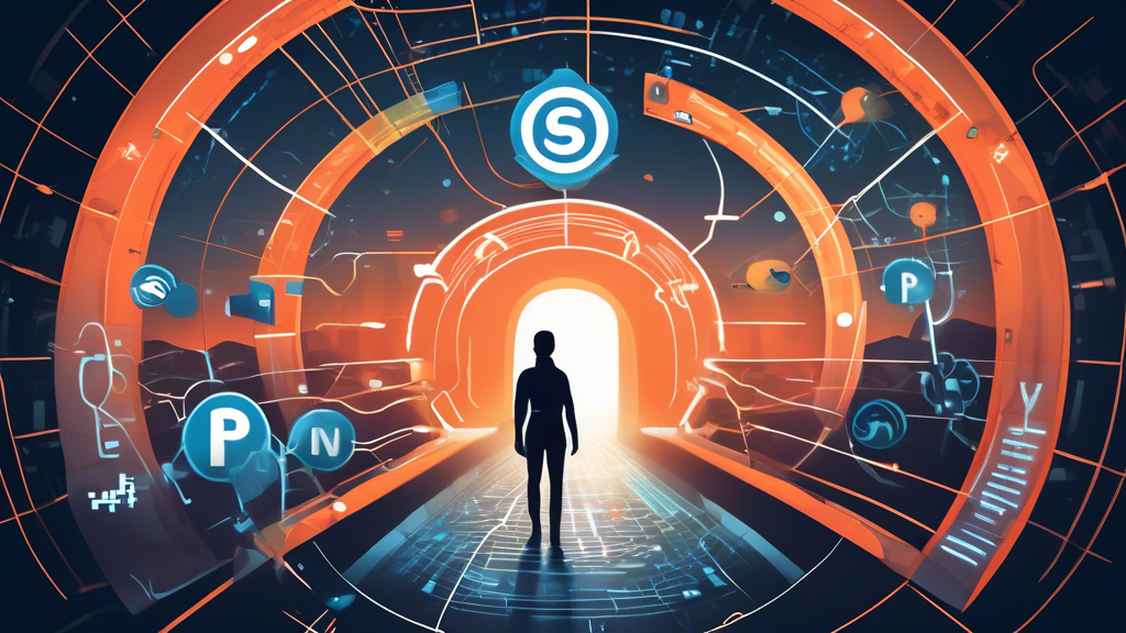 Create an image depicting a secure and futuristic digital landscape representing safe internet access. Illustrate a person navigating through this space, using symbolic representations of VPNs and proxy servers such as shields and network lines. Include visual elements like digital locks and encrypted data streams that signify security and privacy. In the background, subtly integrate the Omegle logo to indicate the destination site while maintaining the theme of anonymity and secure browsing.