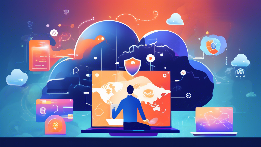 An artistic representation of the advantages of using a Cloud VPN for online security, featuring a digital landscape with a shield symbolizing data protection, abstract data streams representing personal information being secured, and a person comfortably browsing on a laptop with a glowing cloud symbol above them. Include elements like a secure lock, a globe representing global access, and speed indicators showcasing improved connection speeds. The overall tone should be modern and tech-focused, illustrating safety, accessibility, and efficiency in online navigation.