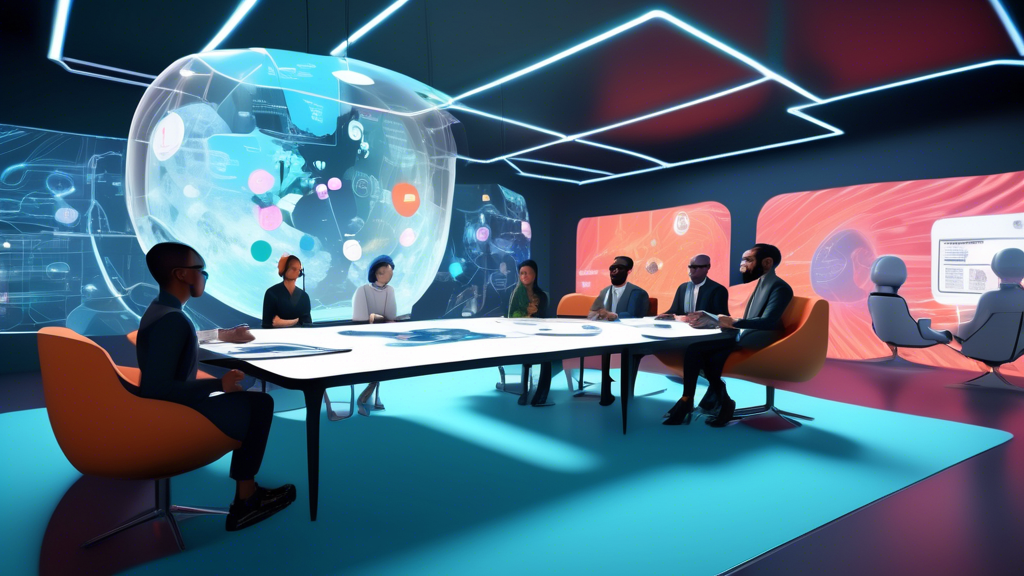 Create an image showcasing a futuristic business meeting taking place in a vibrant and immersive AltspaceVR environment. Highlight professionals from diverse industries engaging in dynamic discussions, with virtual whiteboards displaying data and holographic charts floating around them. Include elements representing remote collaboration, like digital avatars from different locations interacting seamlessly. Visualize the atmosphere as innovative and high-tech, capturing the essence of how AltspaceVR enhances productivity and creativity in business settings.
