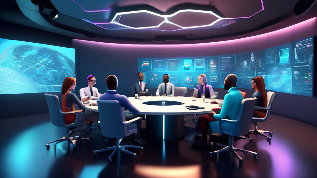 Create an image that illustrates a futuristic business meeting taking place in a virtual environment within AltspaceVR. The scene features diverse avatars representing business professionals, seated around a holographic conference table. Each participant is using advanced VR headsets, while digital projectors display vibrant graphs and data around them. The background showcases a blend of virtual elements and realistic office interiors, symbolizing the integration of virtual reality into traditional business settings. Include visual cues such as floating digital documents, 3D charts, and an interactive timeline to emphasize the technical considerations and strategic planning involved in implementing AltspaceVR as suggested in the step-by-step guide for business strategy.