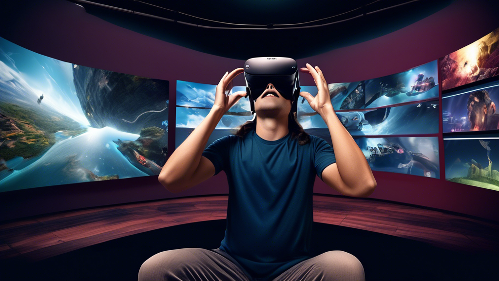 Create an image depicting the technological advancements of the Oculus Rift that enhance adult experiences: Showcase a futuristic scene where a person is immersed in a virtual reality environment using an Oculus Rift headset. Emphasize the high-resolution displays with vibrant visuals, head tracking sensors in action, and 3D immersive environments, such as a lifelike and interactive digital world. Include subtle comparisons to other VR devices by showing their presence as less advanced or in the background. Ensure the scene conveys a sense of cutting-edge technology tailored specifically for adult entertainment purposes, highlighting the unique features that set the Oculus Rift apart.