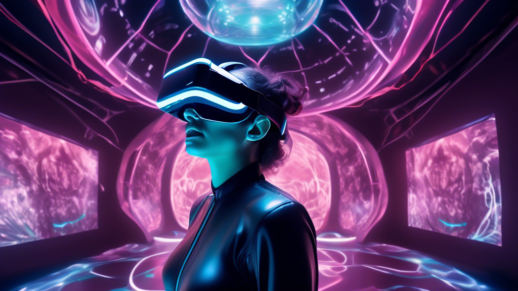 Create an image that captures the futuristic landscape of adult entertainment as experienced through the Oculus Rift. The scene should depict a person wearing the VR headset in a comfortably futuristic room, immersed in a digital environment filled with abstract visuals and holographic interfaces. Include subtle, thought-provoking elements that allude to the ethical considerations and privacy concerns associated with VR adult content, such as transparent barriers symbolizing privacy and gentle warning icons around the headset. The overall atmosphere should be a balance between innovation and caution, suggesting the potential and complexities of the industry