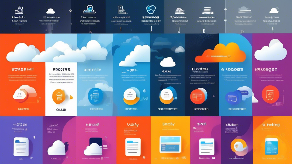 Create an infographic-style image comparing the top cloud storage providers for personal use in 2023. Include elements such as price, storage space, user-friendliness, and security features. Use vibrant colors and icons to represent each cloud storage provider, highlighting pros and cons in a clear and visually appealing manner. The design should communicate essential information at a glance, making it easy for viewers to compare their options.