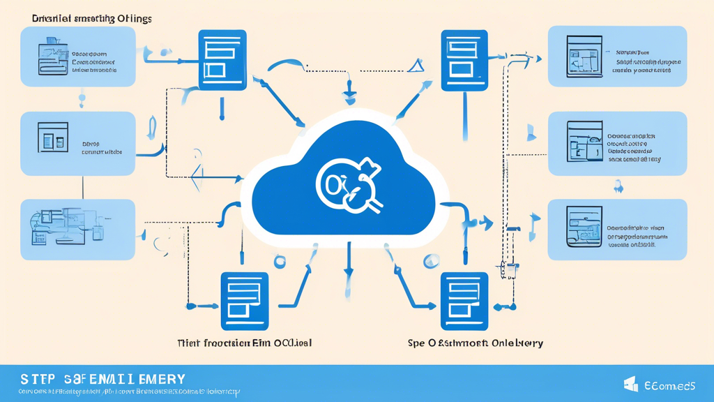 Create an image that depicts a detailed, step-by-step guide for optimizing O365 SMTP settings for seamless email delivery. The visual should include elements like a flowchart or blueprint with highlighted features such as authentication and encryption. Illustrate tips for troubleshooting common issues with O365 SMTP, with icons or symbols representing email efficiency and security. The overall look should be sleek and professional, resembling a high-tech instruction manual or digital dashboard, emphasizing clarity and helpfulness.