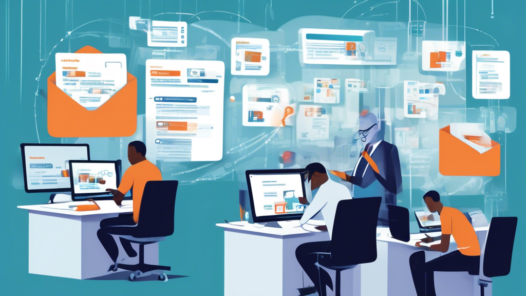 Create an illustration that depicts a bustling corporate office environment with multiple teams working on different aspects of email management. In the foreground, an IT professional is analyzing a digital interface displaying common challenges faced with O365 SMTP setup. Nearby, another team engages with automation tools that integrate seamlessly with O365 SMTP to facilitate smoother operations, represented through interconnected digital screens showing data exchange. The background features a visual timeline of best practices and solutions overcoming these challenges, emphasized with visual icons like gears, checkmarks, and cloud symbols, illustrating integration and automation. The overall tone should convey efficiency, collaboration, and innovation.