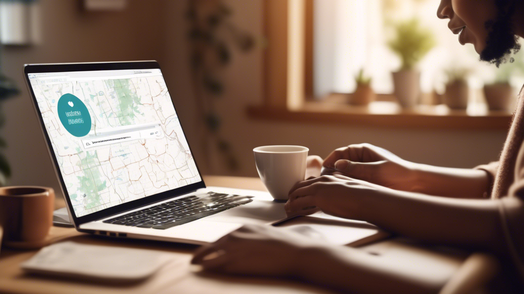 Create an image of a person using a laptop at a cozy home setting, searching online for affordable DOT medical exam providers. The screen should display a webpage with a map highlighting nearby clinics and health centers. Capture the sense of modern technology being used for budget-friendly health solutions, with visible elements like a notebook with Tips for Cheap DOT Exam written on it, a coffee mug, and potted plants in the background, suggesting a relaxed yet efficient environment for finding cost-saving strategies.