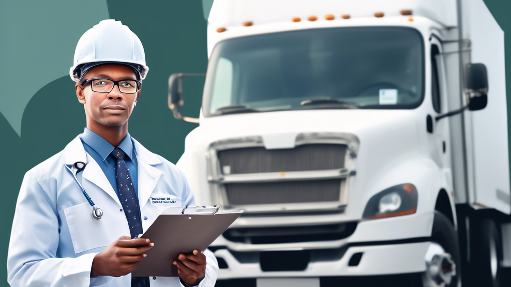 Create an image depicting a thoughtful commercial truck driver holding a clipboard with a checklist. In the background, show a welcoming medical clinic with a sign that reads Affordable and Thorough DOT Exams. The clinic should have a friendly doctor or nurse waving at the driver. Include subtle elements like price tags with checks on them to symbolize balancing cost and quality. The setting should convey a sense of professionalism and trust.