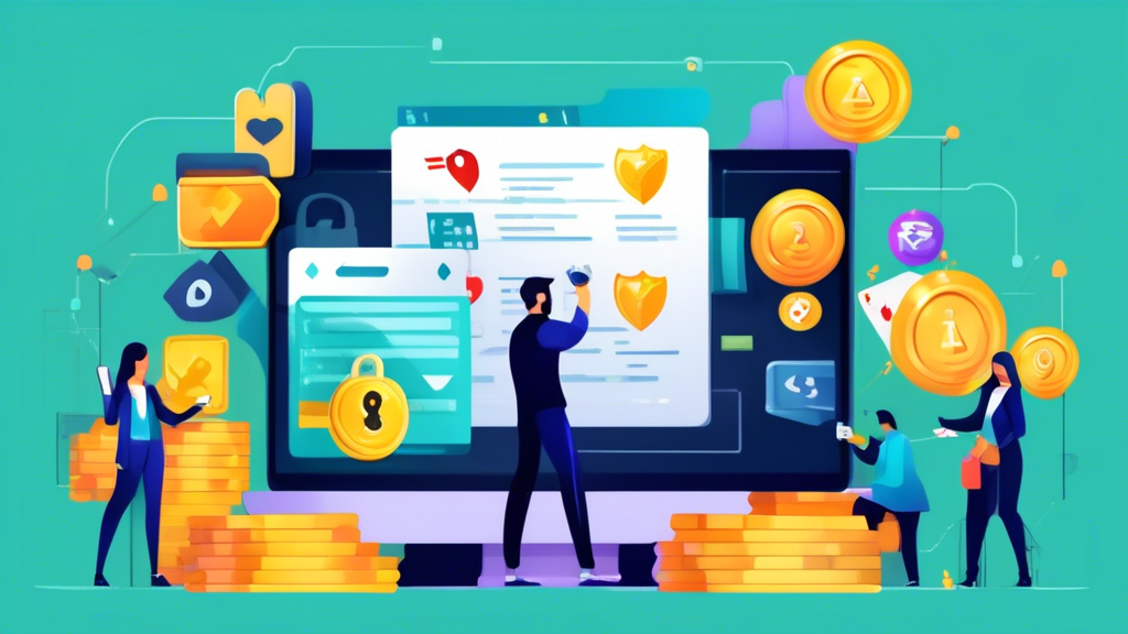 Create an illustrated checklist of key features to look for when choosing an online poker site for real money in 2023. The checklist should include icons representing security measures like a padlock and shield, bonuses like a gift box, customer support like a headset or person assisting, and various payment methods like credit cards and e-wallets. The background should be a vibrant and engaging poker-themed environment with elements like playing cards, poker chips, and a digital interface, conveying a sense of online gaming excitement.