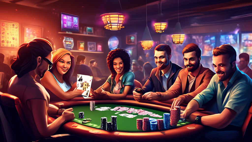 Create an image depicting a modern online poker scene where diverse players are engaging in a high-stakes game from the comfort of their homes. Show screens displaying vibrant poker graphics and chips, symbolizing the excitement of online poker for real money. Include elements that convey strategic thinking, such as a notepad with notes or tips for players, as well as a virtual community, portrayed by chatting avatars or forums in the background. The atmosphere should be lively and inviting, emphasizing both the thrill of the game and the importance of strategic gameplay and learning. Use a color palette that captures the intensity and energy of online poker.