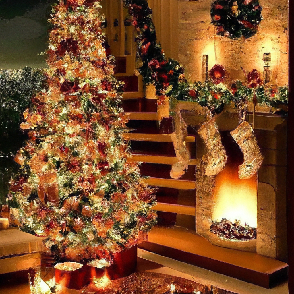 Create an image depicting a cozy holiday living room scene where candle tree lights are creatively incorporated throughout the decor. The room features a beautifully adorned Christmas tree, but the candle tree lights extend beyond it—illuminating an elegant mantelpiece, highlighting a decorative wreath on the wall, and entwining around a staircase banister. Soft, warm glows from the candle lights create a magical ambiance, complemented by additional subtle lighting elements like string lights and lanterns. The overall atmosphere should evoke warmth and a sense of innovative holiday design.