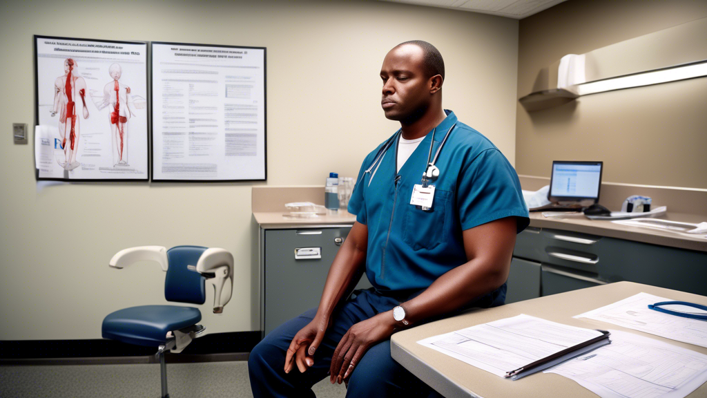Create an image depicting a commercial driver at a USDOT physical exam appointment. The driver is sitting in an examination room, where a certified medical examiner is conducting routine tests, such as checking blood pressure and assessing reflexes. The room is equipped with medical tools, charts of human anatomy, and a poster highlighting USDOT health regulations. A checklist of required documentation and medical information is visible on a nearby desk, showcasing the preparation needed for the exam. The setting should convey an informative, professional, and supportive atmosphere to emphasize the importance and thoroughness of the exam.