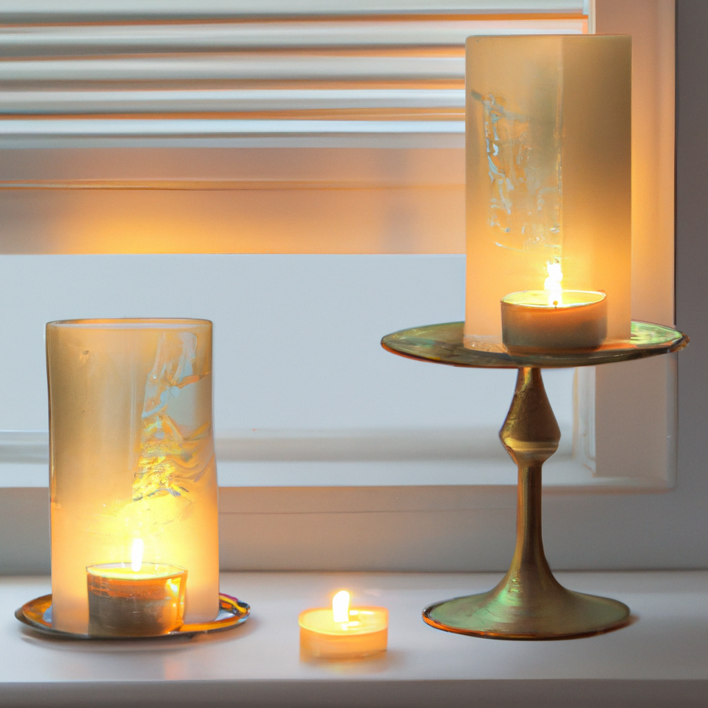 Create an inviting, artistic scene featuring a selection of window candle holders in various styles, materials, and sizes. The image should showcase a cozy, elegant window setting with a mix of traditional, electric, and LED candle holders, each uniquely designed to suit different home decor styles. Include an assortment of vintage brass holders, sleek modern glass designs, and contemporary LED solutions, highlighting their placement and arrangement to complement the interior setting. The window overlooks a picturesque evening view, adding warmth and character to the home. Aim for a harmonious blend of style and function, conveying the idea that the perfect window candle holders can enhance both decor and ambiance.