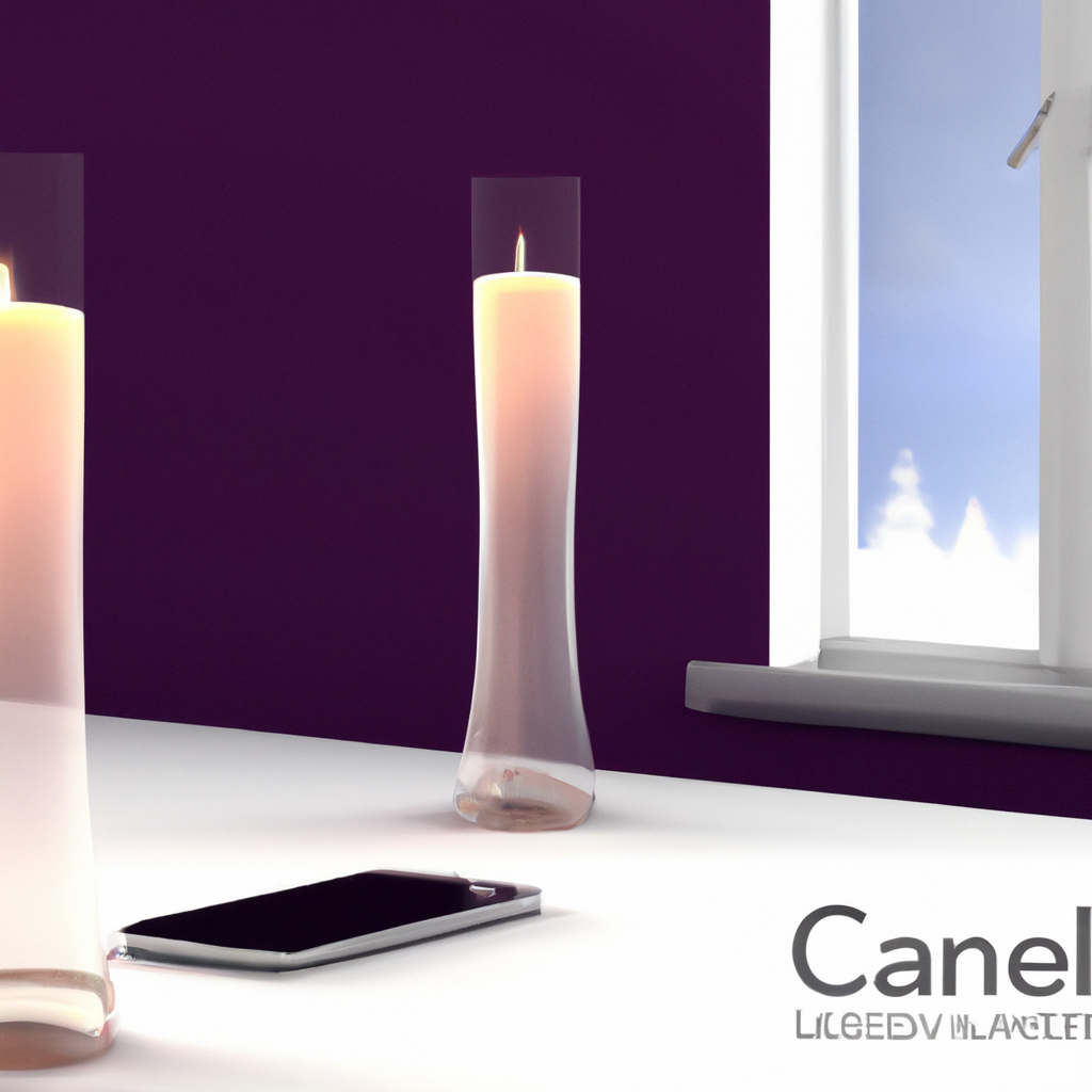 Create an image showing a cozy, modern living room with a series of sleek, elegant window candle holders that use LED technology. The candle holders should be positioned on the window sill, casting a warm and inviting glow through the room. Include elements that suggest smart technology, such as a smartphone or tablet showing the candle holders being controlled remotely. Highlight the energy efficiency aspect by subtly incorporating symbols or icons that indicate sustainability, such as a leaf or a small eco-friendly tag. The setting should convey both ambiance and modern innovation, emphasizing the balance between tradition and contemporary energy-saving solutions.