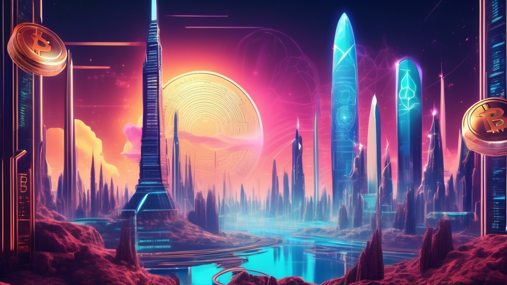 Create an image of a futuristic digital landscape where various cryptocurrencies are represented as towering structures with unique, eye-catching designs. Each structure should be labeled with the name of a top cryptocurrency for 2023, such as Bitcoin, Ethereum, and Solana. The environment should have a sleek, modern aesthetic, with elements like floating data screens and holographic charts displaying market performance and potential future adoption scores. Include vibrant colors and dynamic lighting to emphasize the energy and innovation of the crypto market, helping investors visualize their potential investment returns from these leading cryptocurrencies.