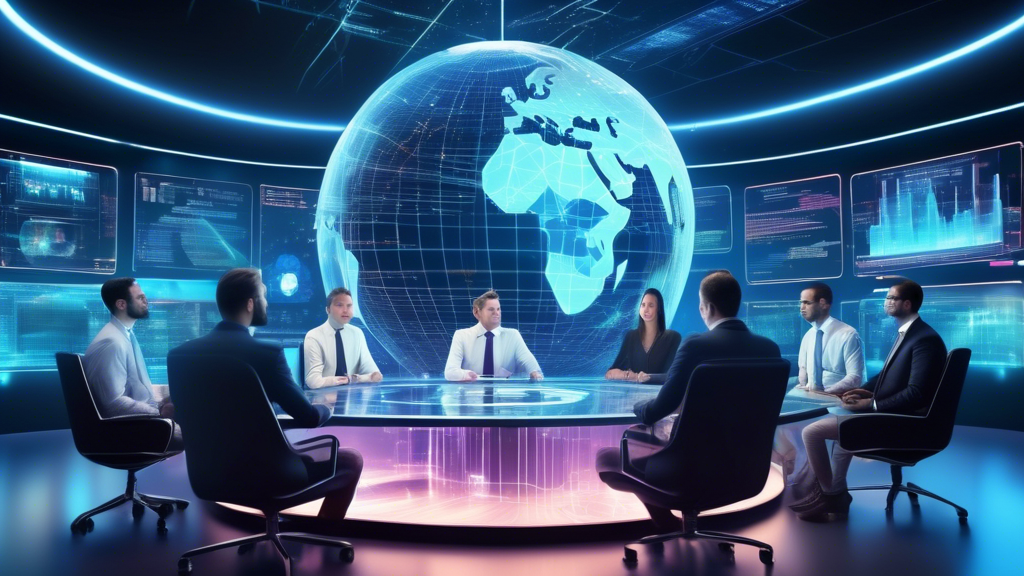 Create an image that depicts a futuristic digital boardroom scene, where a diverse group of professionals are engaged in a strategic meeting about cryptocurrency investments. The room is filled with holographic displays showcasing fluctuating cryptocurrency graphs, news headlines, and regulatory updates. In the center, there’s a 3D hologram of a rotating globe with highlighted regions symbolizing global crypto markets. The atmosphere is dynamic and high-tech, emphasizing the theme of Strategies for Investing in the Best Crypto to Buy in 2023, and the importance of balancing risk, diversification, and staying informed with the latest market changes.