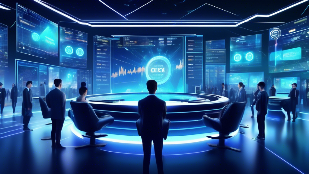 Create a digital artwork showcasing a futuristic and bustling digital financial hub representing Okex Exchange. The scene should feature a sleek and modern interface displaying various cryptocurrency trading tools such as futures, swaps, and options. Illustrate a dynamic atmosphere with digital screens and holographic elements displaying staking, lending, and savings options. Include a user interacting seamlessly via a high-tech mobile platform. The overall aesthetic should convey a sense of security and innovation, with visual cues alluding to the safeguarding of digital investments.