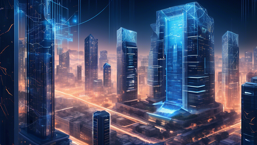 Create an intricate and detailed digital illustration that showcases the concept of security and regulations surrounding the Okex Exchange. The image should feature a high-tech, futuristic cityscape where Okex Exchange headquarters is depicted as a robust and impenetrable fortress. Highlight advanced cybersecurity elements, such as virtual firewalls and protective digital shields, surrounding the building. Overlay the scene with transparent holographic interfaces showing security protocols in action, and legal scales symbolizing regulations, positioned prominently in the scene. Convey a sense of security and reliability, reflecting the protective measures and legal compliance of Okex Exchange.