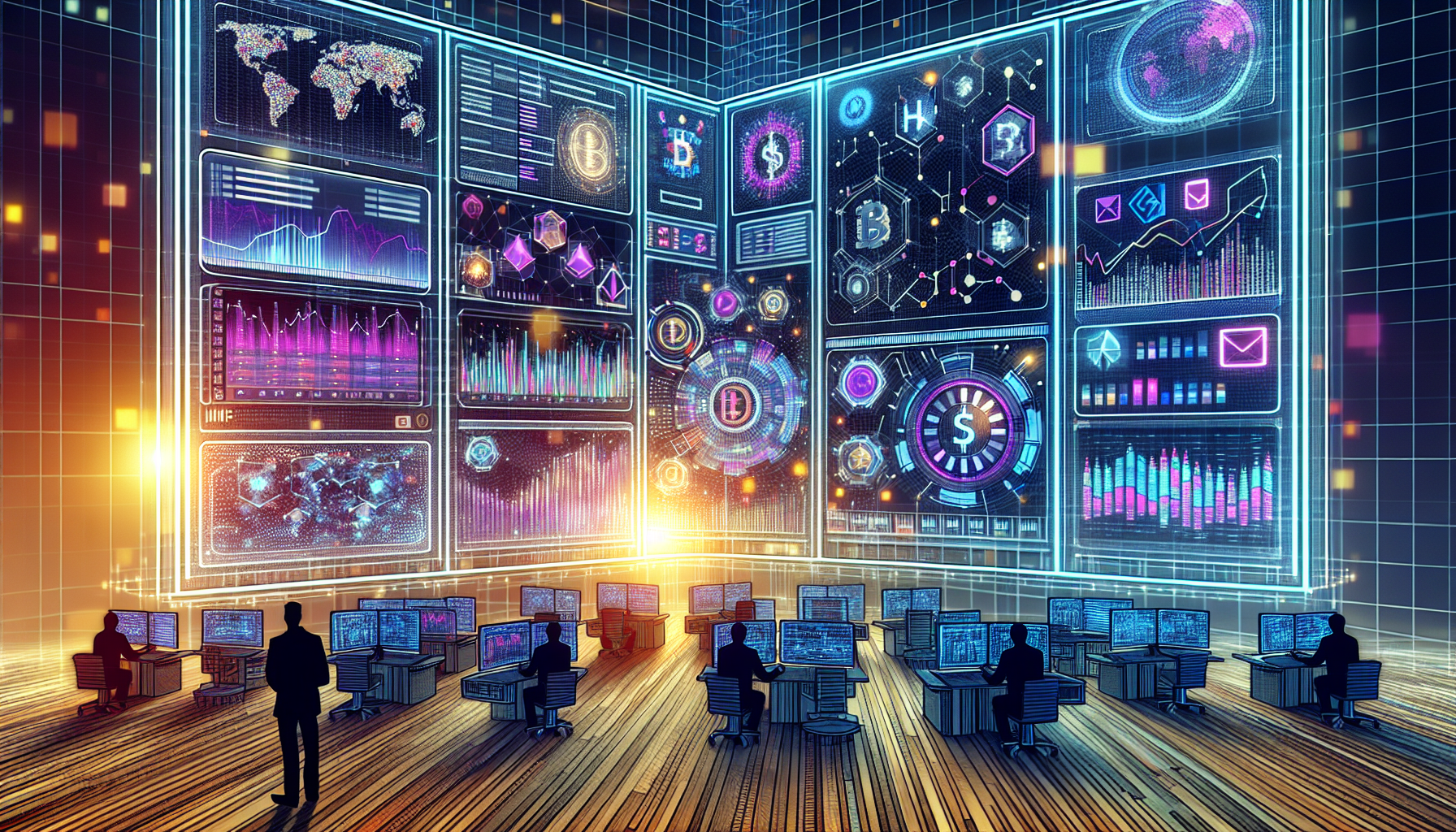 Create an intricate digital illustration showcasing the bustling and dynamic trading interface of the KuCoin exchange platform. The image should highlight key features such as the order book, various cryptocurrency charts, and trading pairs in a vibrant and detailed manner. Include visual elements representing advanced trading tools like futures, overlaid with graphical analytics. The scene should convey a sense of a fast-paced and sophisticated financial hub, portraying traders engaging with the interface through screens, surrounded by sleek technology and data streams. The atmosphere should be futuristic and tech-driven, emphasizing innovation and the potential for cryptocurrency trading.