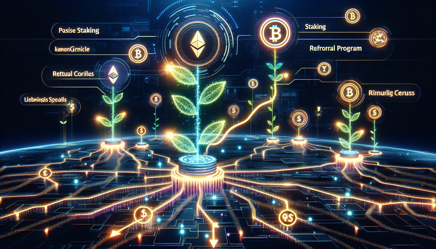 Create an image that illustrates the various passive earning opportunities available on the KuCoin exchange. The scene shows a futuristic digital landscape with vivid, glowing graphics representing staking and lending options. Include visual elements such as coins multiplying through interconnected digital vines, symbolizing passive income growth. Add graphical icons depicting bonus programs and a referral system with lines connecting users, highlighting a community network. The overall feel should be dynamic and engaging, embodying a sense of digital abundance and futuristic financial technology.